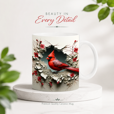Red Cardinal Bird Ceramic Mug – Premium Wraparound Design Coffee Mug with Floral & Branch Print, Microwave & Dishwasher Safe
